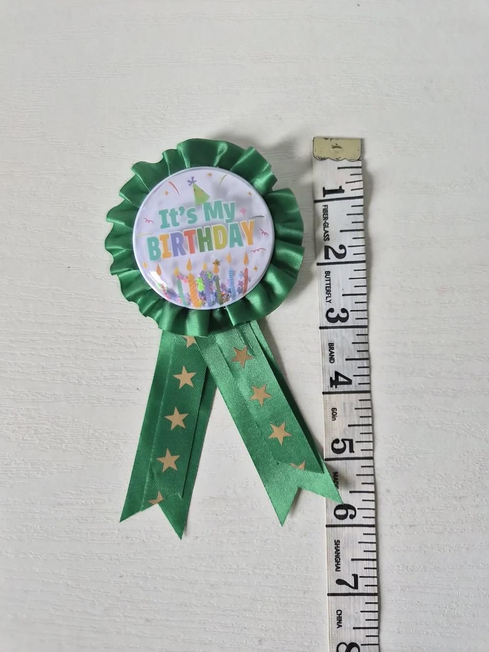 Source Unknown It's My Birthday Green Ribbon Badge with Gold Stars